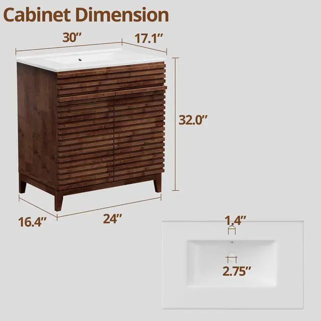 Alt view image 2 of 6 - 30" Nature Acacia Bathroom Vanity with 1 Hole Ceramic Sink Combo, Freestanding Vanity Cabinet with 2 Invisible Soft Closing Doors, Acacia Wood Grain