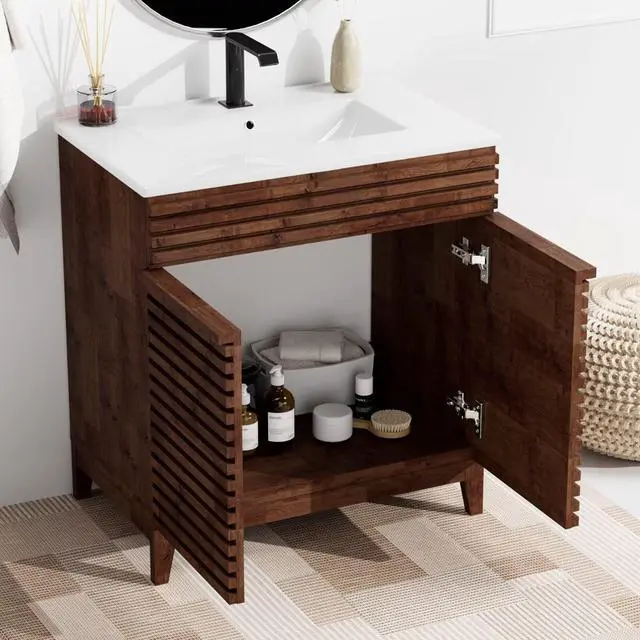 Alt view image 5 of 6 - 30" Nature Acacia Bathroom Vanity with 1 Hole Ceramic Sink Combo, Freestanding Vanity Cabinet with 2 Invisible Soft Closing Doors, Acacia Wood Grain