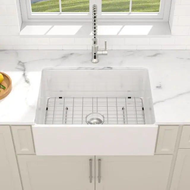 Alt view image 2 of 6 - 28" White Ceramic Porcelain Farmhouse Sink, Fireclay Apron Front Kitchen Sink, Deep Single Bowl Farm Style Design, 28"x20"x10"