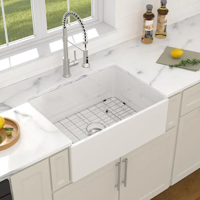 Alt view image 3 of 6 - 28" White Ceramic Porcelain Farmhouse Sink, Fireclay Apron Front Kitchen Sink, Deep Single Bowl Farm Style Design, 28"x20"x10"