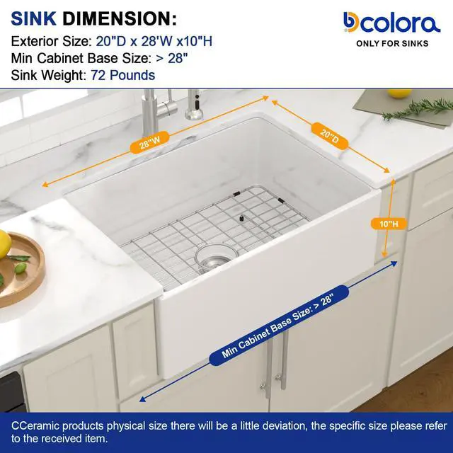 Alt view image 4 of 6 - 28" White Ceramic Porcelain Farmhouse Sink, Fireclay Apron Front Kitchen Sink, Deep Single Bowl Farm Style Design, 28"x20"x10"
