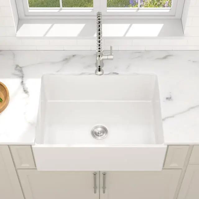 Alt view image 5 of 6 - 28" White Ceramic Porcelain Farmhouse Sink, Fireclay Apron Front Kitchen Sink, Deep Single Bowl Farm Style Design, 28"x20"x10"