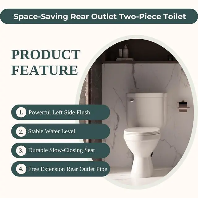 Alt view image 2 of 6 - Compact 16.5 Two-Piece Rear Outlet Toilet, Extra Two Types Extension Pipes For Easy Installation, P-Trap & 7 Rough-in Back Discharge, Soft-Close Seat, Powerful Eco-Friendly Flush White