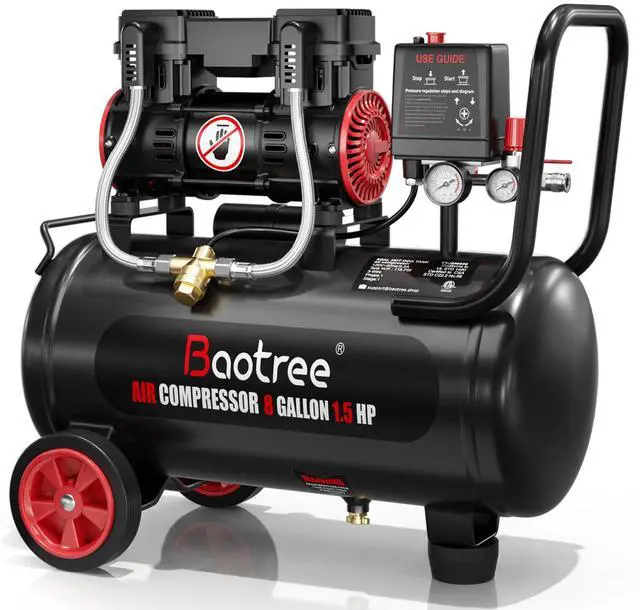 Main image of 8 Gallon Ultra Quiet Air Compressor with Two Quick Couplers, 1.5HP MAX 115PSI Oil-Free Air Compressor Steel Tanks, 70dB Air Compressor with Wheels for Spray Painting, Auto Repair, Woodwork Nailing