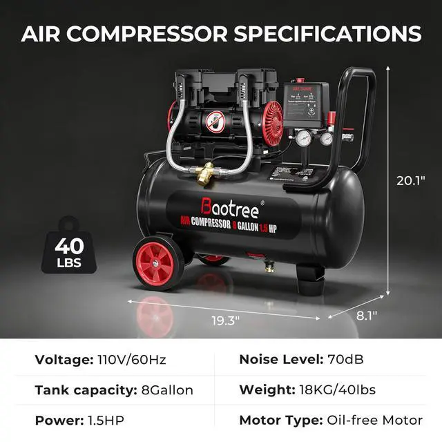Alt view image 5 of 6 - 8 Gallon Ultra Quiet Air Compressor with Two Quick Couplers, 1.5HP MAX 115PSI Oil-Free Air Compressor Steel Tanks, 70dB Air Compressor with Wheels for Spray Painting, Auto Repair, Woodwork Nailing