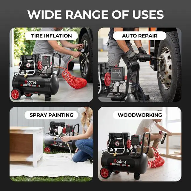 Alt view image 6 of 6 - 8 Gallon Ultra Quiet Air Compressor with Two Quick Couplers, 1.5HP MAX 115PSI Oil-Free Air Compressor Steel Tanks, 70dB Air Compressor with Wheels for Spray Painting, Auto Repair, Woodwork Nailing