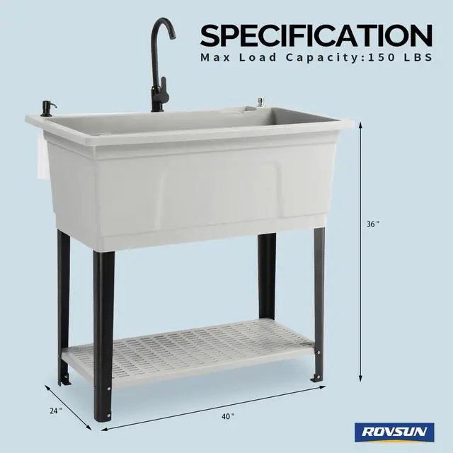 Alt view image 2 of 6 - 37-Gallon Freestanding Utility Sink with Faucet, 36" Heightened Basin for Laundry, Garage, Outdoor Garden, Pet Wash, Heavy Duty Plastic Laundry Tub with Storage Shelf, 40"L×24"W×36"H, Gray