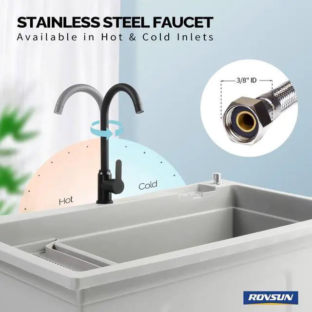 Alt view image 3 of 6 - 37-Gallon Freestanding Utility Sink with Faucet, 36" Heightened Basin for Laundry, Garage, Outdoor Garden, Pet Wash, Heavy Duty Plastic Laundry Tub with Storage Shelf, 40"L×24"W×36"H, Gray