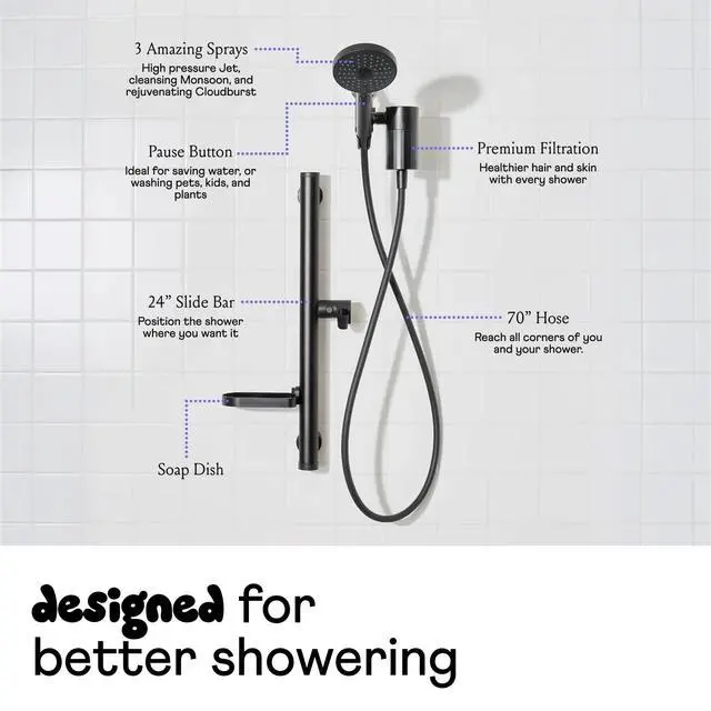 Alt view image 2 of 6 - Shower Kit + Filter, Green - Slide bar, 3 Spray Functions Plus Pause, Extra Long 70 Inch Hose - Easy DIY Installation - High Pressure Performance