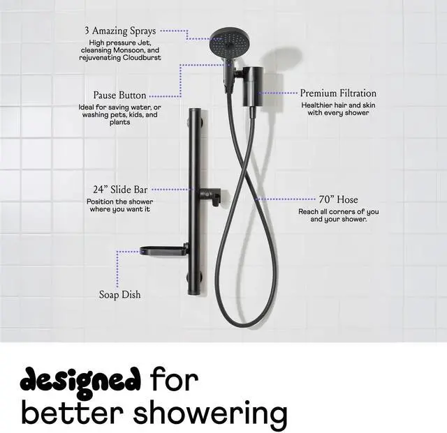 Alt view image 2 of 6 - Shower Kit + Filter, Blue - Slide bar, 3 Spray Functions Plus Pause, Extra Long 70 Inch Hose - Easy DIY Installation - High Pressure Performance