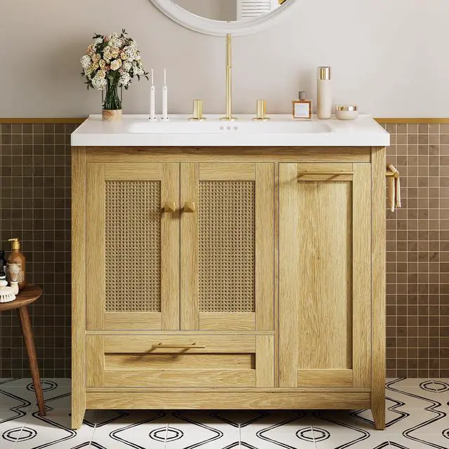 Alt view image 2 of 6 - 36" Bathroom Vanity with Ceramic Sink, Freestanding Storage Cabinet with Drawer and Tilt-Out Laundry Basket, Bathroom Storage Cabinet, Assembly Required, Natural
