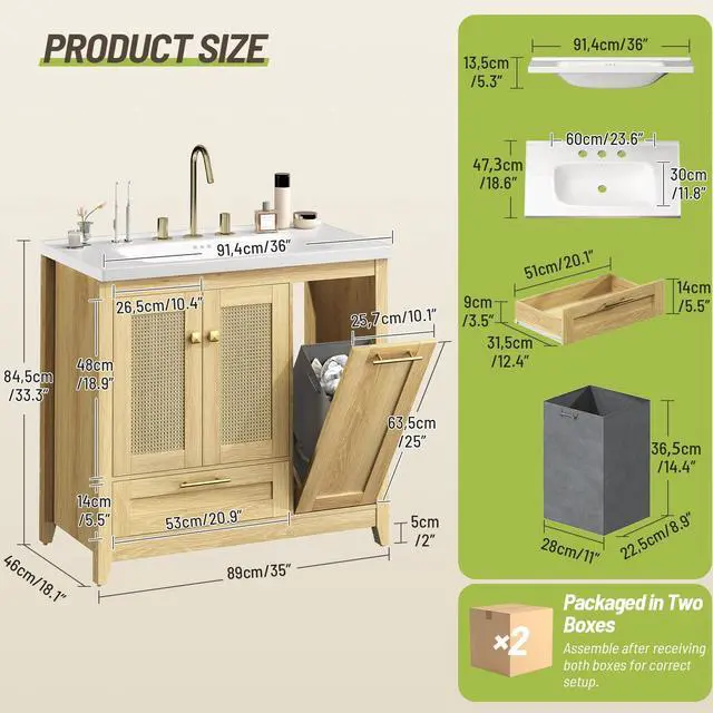 Alt view image 3 of 6 - 36" Bathroom Vanity with Ceramic Sink, Freestanding Storage Cabinet with Drawer and Tilt-Out Laundry Basket, Bathroom Storage Cabinet, Assembly Required, Natural