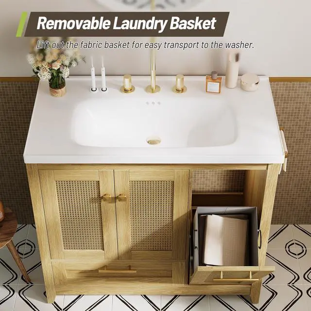 Alt view image 4 of 6 - 36" Bathroom Vanity with Ceramic Sink, Freestanding Storage Cabinet with Drawer and Tilt-Out Laundry Basket, Bathroom Storage Cabinet, Assembly Required, Natural
