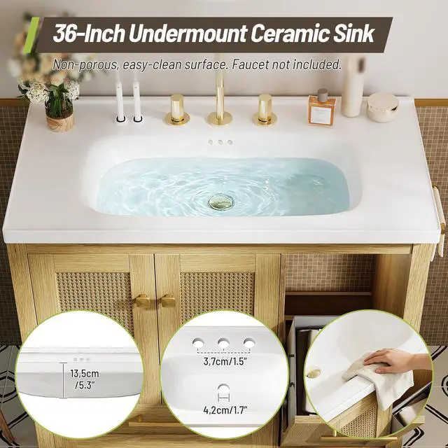 Alt view image 5 of 6 - 36" Bathroom Vanity with Ceramic Sink, Freestanding Storage Cabinet with Drawer and Tilt-Out Laundry Basket, Bathroom Storage Cabinet, Assembly Required, Natural