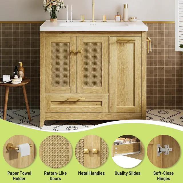 Alt view image 6 of 6 - 36" Bathroom Vanity with Ceramic Sink, Freestanding Storage Cabinet with Drawer and Tilt-Out Laundry Basket, Bathroom Storage Cabinet, Assembly Required, Natural