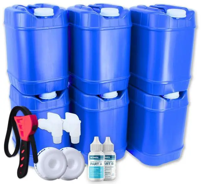 Main image of 5-Gallon Stackable Water Storage Containers, Water Treatment, 8 Lids + 2 Spigots, Easy Fill, Survial Supply Emergency Water Storage for Disaster Preparedness, 30 Gallon (6 Tank)
