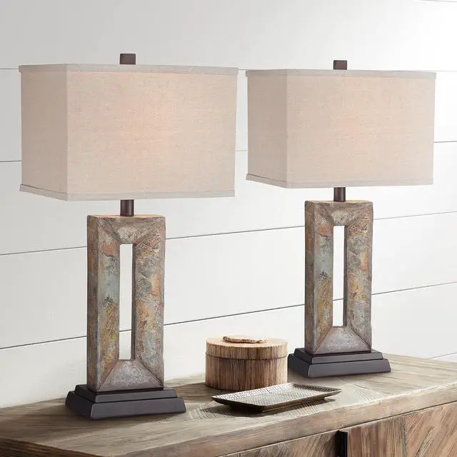 Alt view image 2 of 6 - Tahoe Small Rustic Traditional Style Table Lamps 26" High Set of 2 Natural Stale Open Base Rectangular Box Shade for Living Room Bedroom House Bedside Home (Colors May Vary)