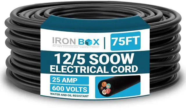 Main image of IronBox Electric - 12/5 Bulk Cable - SOOW Jacket - 12 Gauge,5 Wire - Rated for 600V,25A - Water & Oil Resistant Cable for Indoor/Outdoor Use - Ideal for Generators, Circuits & Data Centers (75 feet)
