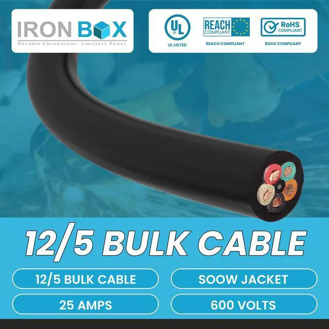 Alt view image 2 of 6 - IronBox Electric - 12/5 Bulk Cable - SOOW Jacket - 12 Gauge,5 Wire - Rated for 600V,25A - Water & Oil Resistant Cable for Indoor/Outdoor Use - Ideal for Generators, Circuits & Data Centers (75 feet)