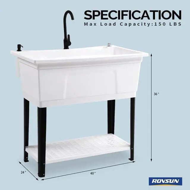 Alt view image 2 of 6 - 37-Gallon Freestanding Utility Sink with Faucet, 36" Heightened Basin for Laundry, Garage, Outdoor Garden, Pet Wash, Heavy Duty Plastic Laundry Tub with Storage Shelf, 40"L×24"W×36"H, White