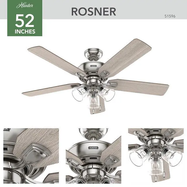 Alt view image 6 of 6 - 52 inch Indoor Ceiling Fan with LED Lights and Pull Chain - Standard Mount Ceiling Fan, 5 Blades, For Bedroom, Living Room, or Kitchen, 3 inch Downrod - Rosner 51596, Brushed Nickel