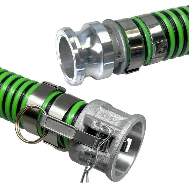 Alt view image 3 of 6 - Heavy Duty EPDM All Weather Suction Hose Assembly, Black Tube, Lime Green Helix, 1-1/2" Inside Diameter Hose with Male x Female Cam and Groove Fittings Installed, 25 ft Length
