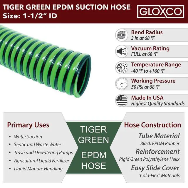 Alt view image 6 of 6 - Heavy Duty EPDM All Weather Suction Hose Assembly, Black Tube, Lime Green Helix, 1-1/2" Inside Diameter Hose with Male x Female Cam and Groove Fittings Installed, 25 ft Length