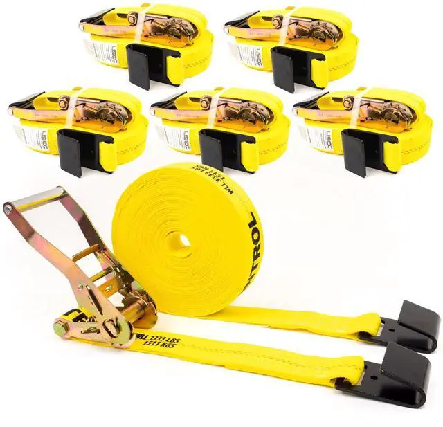 Main image of Flat Hook Ratchet Straps 2 Inch x 50 Foot (6-Pack), 10,000 LBS Break Strength, Hay Hauling Straps, Heavy Duty Tie Downs for Flatbed Trailer or Truck, Secure Hay Balers