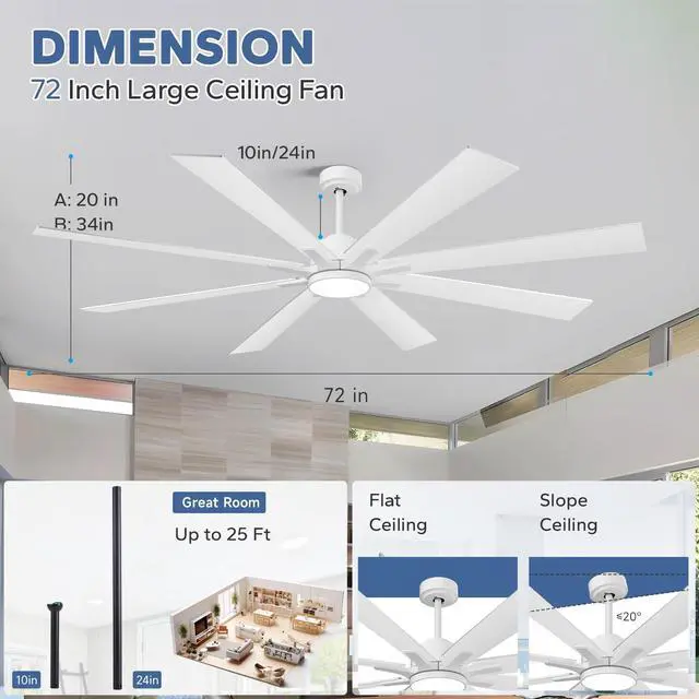 Alt view image 2 of 6 - 72 Inch White Ceiling Fans with Lights, Indoor Outdoor Ceiling Fans for Patios with Remote, 8 Double-Finish Blades, 5-CCT, Large CFM Quiet Reversible DC Fan for Living Room Gazebo