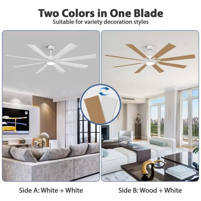 Alt view image 3 of 6 - 72 Inch White Ceiling Fans with Lights, Indoor Outdoor Ceiling Fans for Patios with Remote, 8 Double-Finish Blades, 5-CCT, Large CFM Quiet Reversible DC Fan for Living Room Gazebo