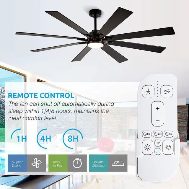 Alt view image 2 of 6 - 72 inch Ceiling Fans with Lights and Remote, Indoor Outdoor Ceiling Fans for Patios, Black Industrial DC Ceiling Fan with 8 Reversible Blades for Living Room Farmhouse Garage Covered Ourdoor