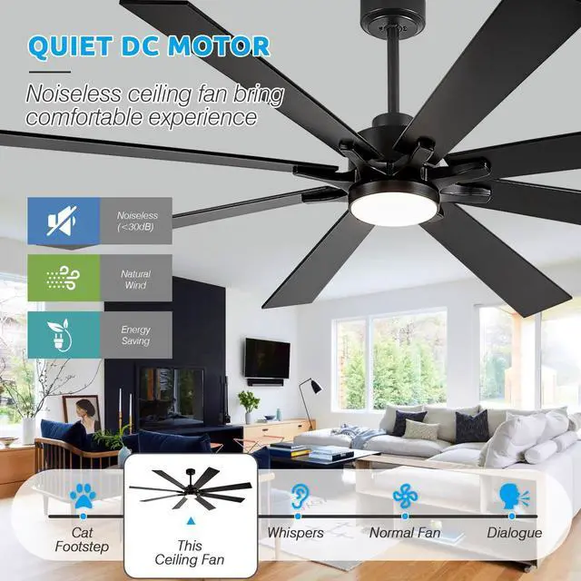 Alt view image 4 of 6 - 72 inch Ceiling Fans with Lights and Remote, Indoor Outdoor Ceiling Fans for Patios, Black Industrial DC Ceiling Fan with 8 Reversible Blades for Living Room Farmhouse Garage Covered Ourdoor