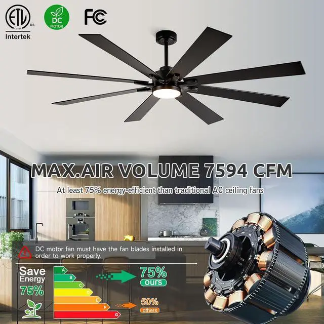 Alt view image 5 of 6 - 72 inch Ceiling Fans with Lights and Remote, Indoor Outdoor Ceiling Fans for Patios, Black Industrial DC Ceiling Fan with 8 Reversible Blades for Living Room Farmhouse Garage Covered Ourdoor
