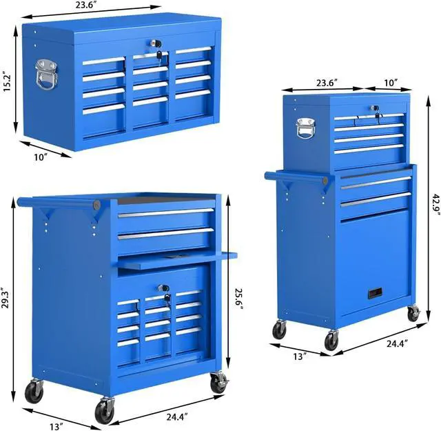 Alt view image 3 of 6 - 8-Drawer Rolling Tool Chest Tool Box,Removable Tool Storage Cabinet with 4 Wheels and Drawers,2 in 1 Portable Toolbox Organizer, Tool Chest with Lockable Drawer Gifts for Men, Blue