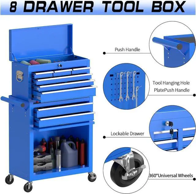 Alt view image 4 of 6 - 8-Drawer Rolling Tool Chest Tool Box,Removable Tool Storage Cabinet with 4 Wheels and Drawers,2 in 1 Portable Toolbox Organizer, Tool Chest with Lockable Drawer Gifts for Men, Blue