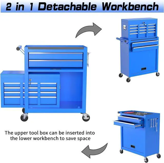 Alt view image 6 of 6 - 8-Drawer Rolling Tool Chest Tool Box,Removable Tool Storage Cabinet with 4 Wheels and Drawers,2 in 1 Portable Toolbox Organizer, Tool Chest with Lockable Drawer Gifts for Men, Blue