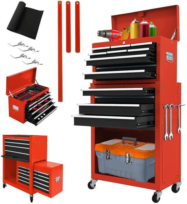 Main image of 13 Drawers Tool Chest with Wheels,Large Capacity Tool Storage Cabinet with Tool Box, Locking Mechanical Tool Cart with Liner,Suitable for Garages, Warehouses-Black&Red