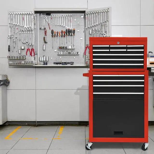 Alt view image 2 of 6 - 13 Drawers Tool Chest with Wheels,Large Capacity Tool Storage Cabinet with Tool Box, Locking Mechanical Tool Cart with Liner,Suitable for Garages, Warehouses-Black&Red