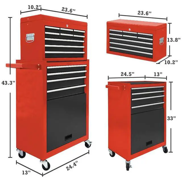 Alt view image 3 of 6 - 13 Drawers Tool Chest with Wheels,Large Capacity Tool Storage Cabinet with Tool Box, Locking Mechanical Tool Cart with Liner,Suitable for Garages, Warehouses-Black&Red