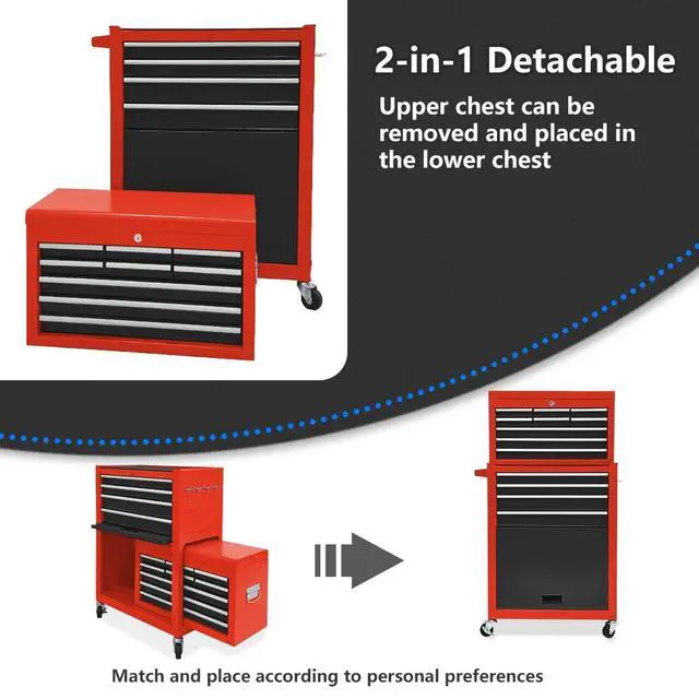 Alt view image 4 of 6 - 13 Drawers Tool Chest with Wheels,Large Capacity Tool Storage Cabinet with Tool Box, Locking Mechanical Tool Cart with Liner,Suitable for Garages, Warehouses-Black&Red