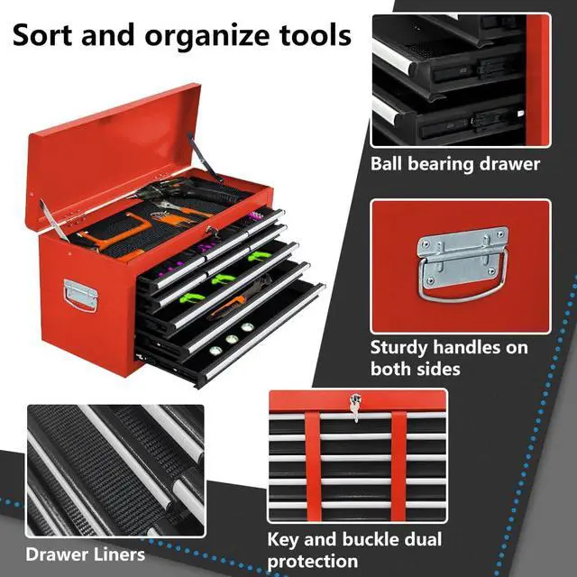 Alt view image 5 of 6 - 13 Drawers Tool Chest with Wheels,Large Capacity Tool Storage Cabinet with Tool Box, Locking Mechanical Tool Cart with Liner,Suitable for Garages, Warehouses-Black&Red