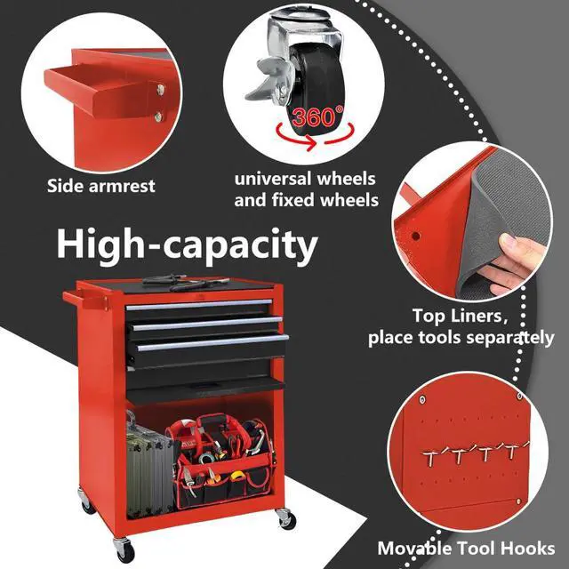 Alt view image 6 of 6 - 13 Drawers Tool Chest with Wheels,Large Capacity Tool Storage Cabinet with Tool Box, Locking Mechanical Tool Cart with Liner,Suitable for Garages, Warehouses-Black&Red