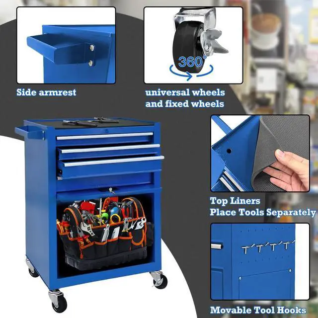 Alt view image 5 of 6 - 13 Drawers Tool Chest with Wheels,Large Capacity Tool Storage Cabinet with Removable Top Toolbox, Locking Mechanical Tool Cart with Liner,Suitable for Garages, Warehouses-Blue