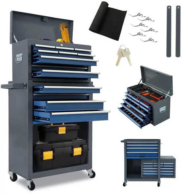 Main image of 13 Drawers Tool Chest with Wheels,Large Capacity Tool Storage Cabinet with Removable Top Toolbox, Locking Mechanical Tool Cart with Liner,Suitable for Garages, Warehouses-Blue&Grey