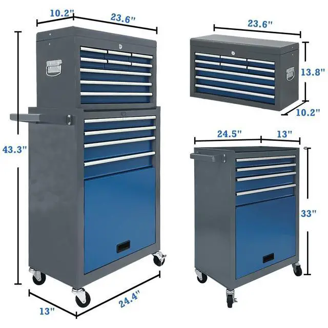 Alt view image 3 of 6 - 13 Drawers Tool Chest with Wheels,Large Capacity Tool Storage Cabinet with Removable Top Toolbox, Locking Mechanical Tool Cart with Liner,Suitable for Garages, Warehouses-Blue&Grey