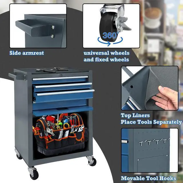 Alt view image 5 of 6 - 13 Drawers Tool Chest with Wheels,Large Capacity Tool Storage Cabinet with Removable Top Toolbox, Locking Mechanical Tool Cart with Liner,Suitable for Garages, Warehouses-Blue&Grey
