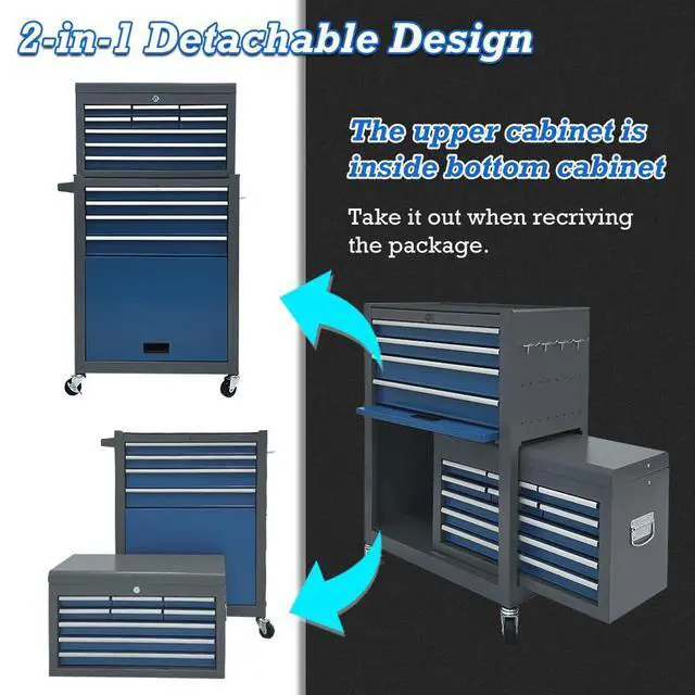 Alt view image 6 of 6 - 13 Drawers Tool Chest with Wheels,Large Capacity Tool Storage Cabinet with Removable Top Toolbox, Locking Mechanical Tool Cart with Liner,Suitable for Garages, Warehouses-Blue&Grey
