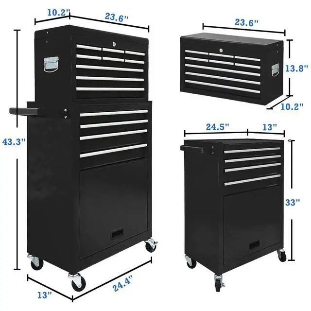 Alt view image 3 of 6 - 13 Drawers Tool Chest with Wheels,Large Capacity Tool Storage Cabinet with Removable Top Toolbox, Locking Mechanical Tool Cart with Liner,Suitable for Garages, Warehouses-Black