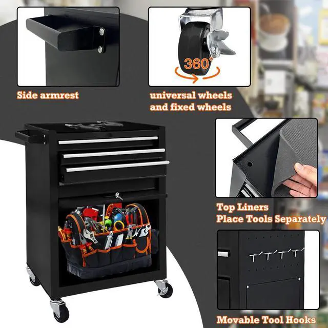 Alt view image 5 of 6 - 13 Drawers Tool Chest with Wheels,Large Capacity Tool Storage Cabinet with Removable Top Toolbox, Locking Mechanical Tool Cart with Liner,Suitable for Garages, Warehouses-Black