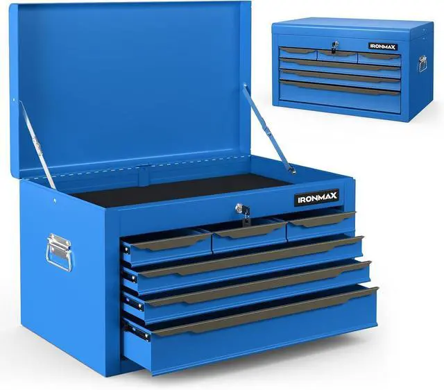 Main image of Large Metal Tool Box, Tool Box with 6 Drawers & Top Tray, Heavy-Duty Steel Tool Chest with Auto-Locking Drawers and Side Handles for Garage & Workbench (Blue)